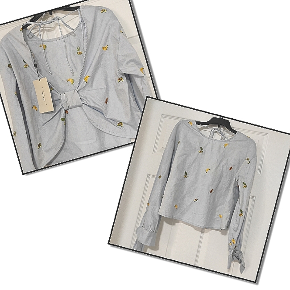 Zara Embroidered Fruit Blouse with Back Tie XS Bananas Avocado